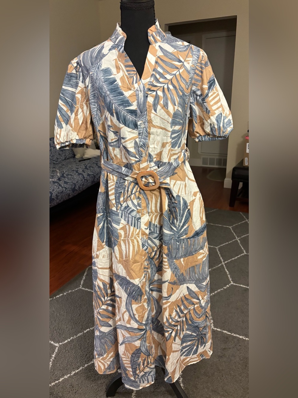 Kaktus Blue and Tan Tropical Maxi Dress with Belt
